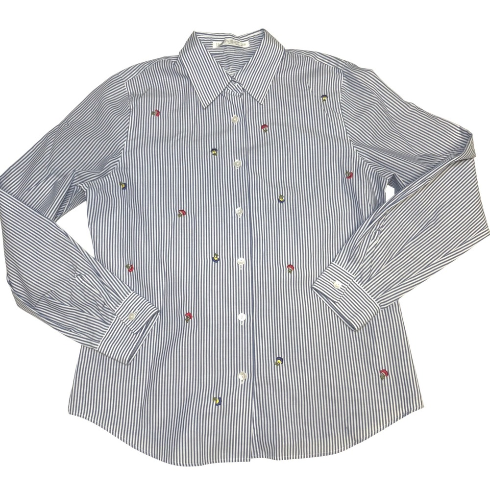 Foxcroft‎ embroidered floral button up shirt blue and white striped size 6